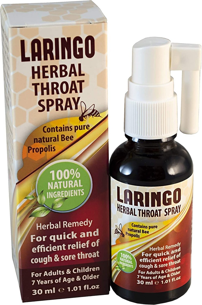 Laringo Throat Spray - Zawiera czyste 99% Raw Bee Propolis Extract - 100% Natural Throat Remedy dla dorosłych i dzieci - Gluten Free, Quick Relief. Kosher - 1 FL Oz