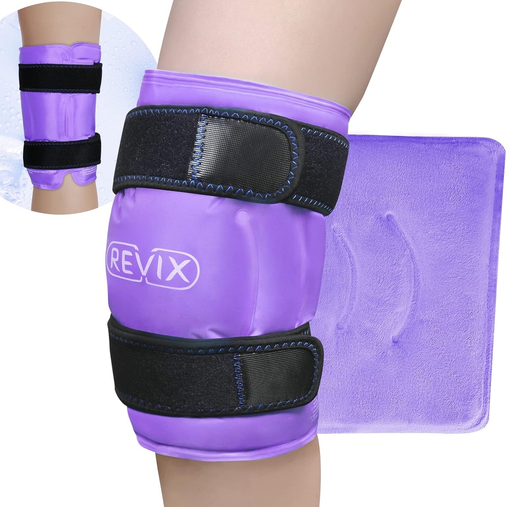 REVIX XL Zawijanie lodu kolana wokół całego kolana, żel Ice Pack dla mięśni Ache, zimne Pack do zmniejszenia dyskomfortu i promować elastyczność, miękkie pluszowe linie, fioletowy