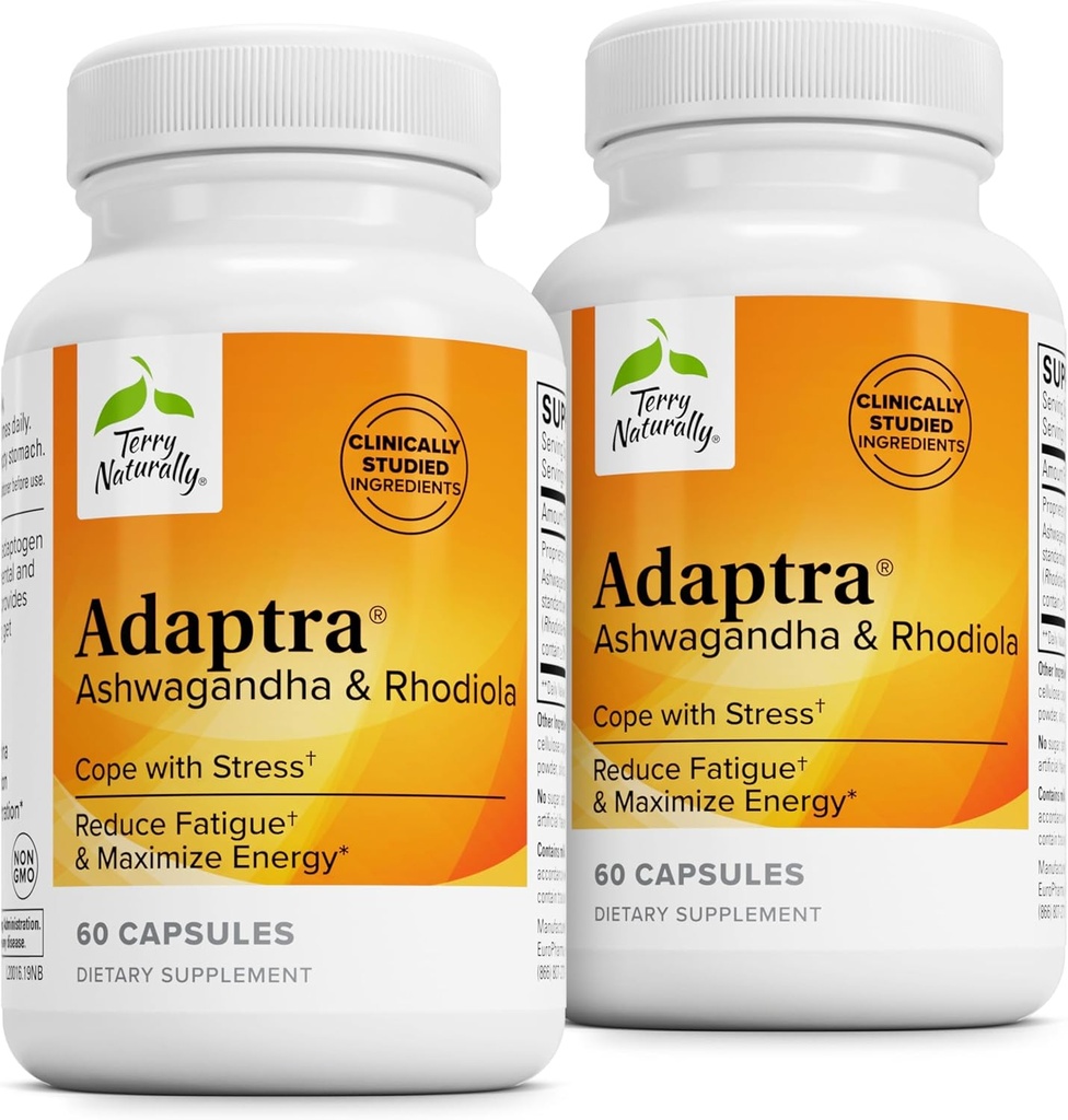 Terry Natural Adaptra - Suplement do Wsparcia Zdrowia Nadnerczy - Suplement Ashwagandha z Rhodiola Rosea Extract - Suplement ziołowy do Wsparcia Energii i Koncentracji - 60 Kapsułek (Opakowanie 2)