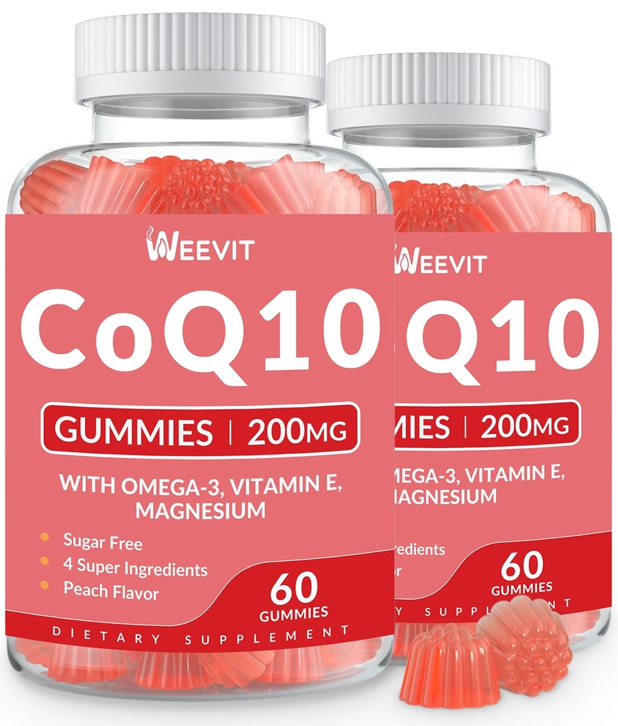 Gumy bez cukru CoQ10 200 MG, Koenzym Q10 (Ubichinon) Gummie dla dorosłych, Suplement co Q10 z Omega-3, Magnez, Energia, Wsparcie dla mózgu