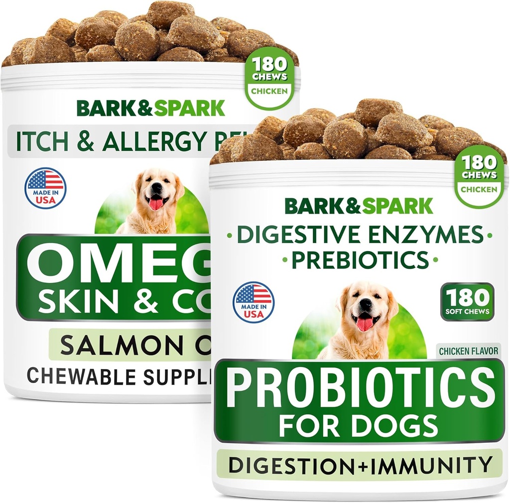Psy Probiotyki Chews + Omega 3 dla psów Bundle - Gaz, Biegunka, Zaparcia, Upset Stomach Relief + Alergia i Itch Relief - Enzymy trawienne + Prebiotyki + Omega 3 - Wsparcie skóry i płaszcza