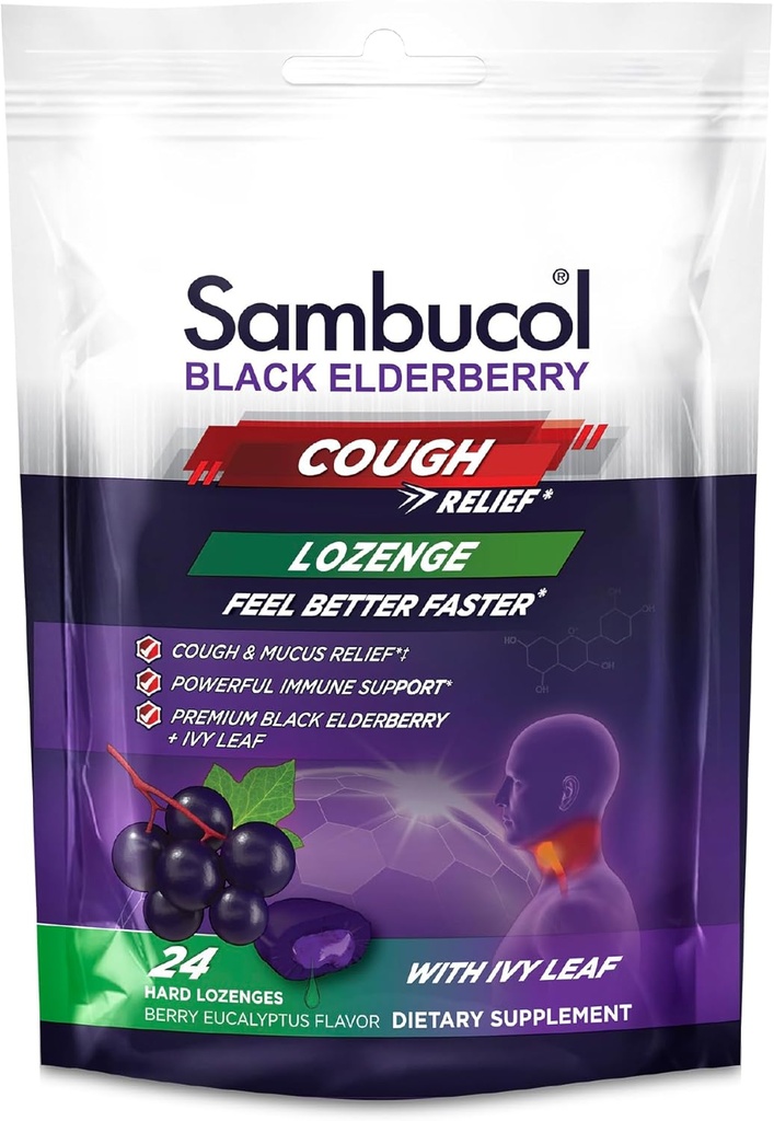 Sambucol Black Elderberry Cough Relief Lozenges - Kapsułki dla dorosłych, Sambucus Elderberry Lozenges, z Ivy Leaf, Cough & Mucus Relief, Wsparcie immunologiczne, Berry Eucalyptus - 24 Count, 1 Pack