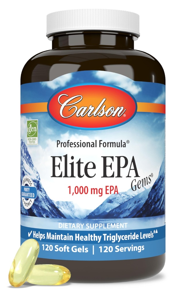 Carlson - Elite EPA Gems, 1000 mg EPA Fish Oil, Wild- Caught, Nordic Fish Oil, Sustainable Sourced, Pomaga utrzymać zdrowe poziomy triglicerydów, 120 Softgels