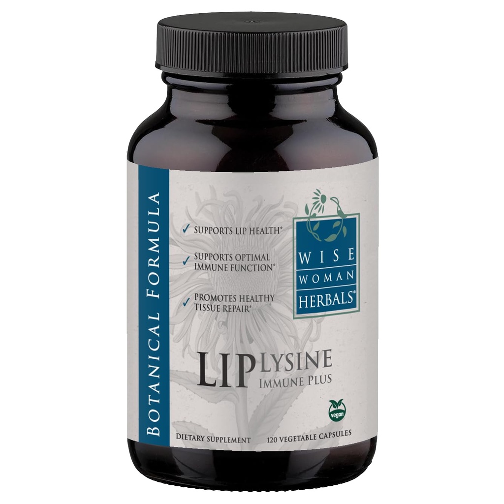 Wise Woman Herbals Lysine Immune Plus Lip, Dodatek-Free Non-GMO Formuła, Wysokiej mocy L- Lysine & Immunitet Mieszanka, Lip & Skin Health Support, Natural Immune Defense, 120 Veg Caps