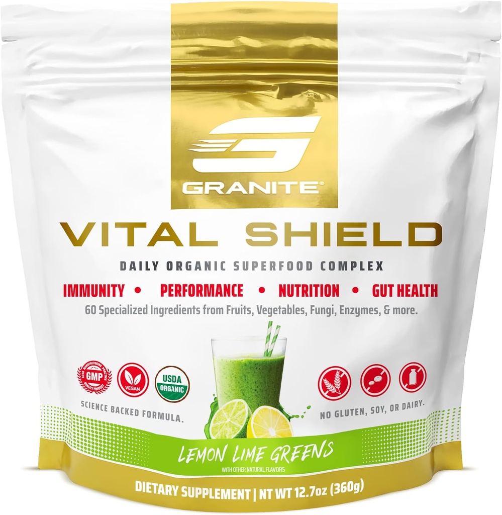 Granite Nutrition Vital Shield - USDA Organic Superfood Zielone z Grzybów & Tart Cherry - Wsparcie energii, Immune Function & Digestive Health - Lemon Lime Flavor (30 Służenia)