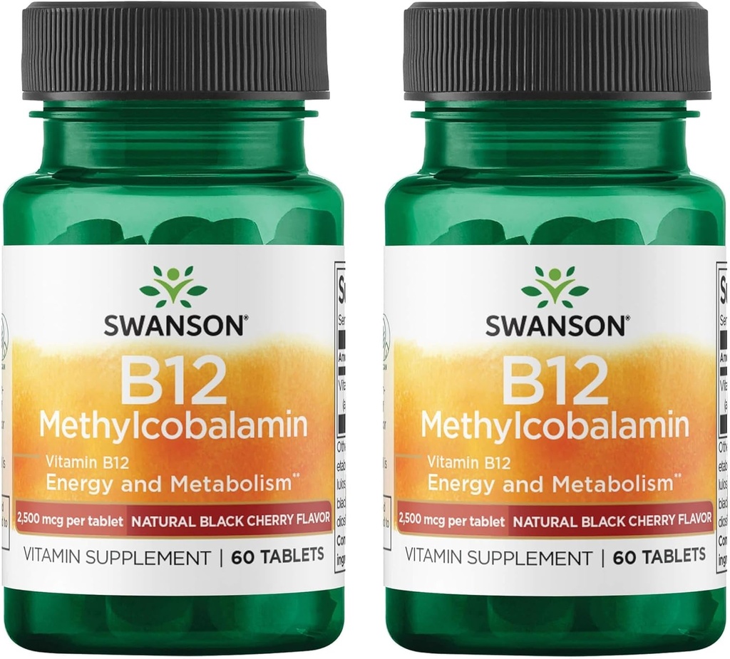 Swanson Witamina B12 Metylokobalamina - Natural Black Cherry Flavored 2500 µg 60 Tabs (2 opakowania)