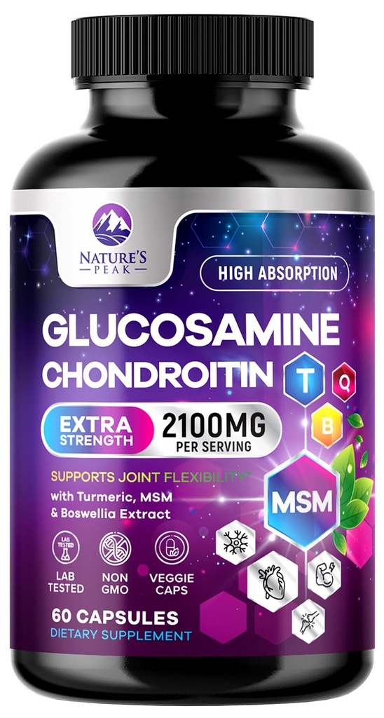 Glukozamina Chondroitin MSM Joint Supplement 2100mg - z glukozaminą siarczan, kurkuma, Boswella, Quercetin & Bromelain - Ekstra Siła Elastyczność, Mobilność i Wspólne Wsparcie, 60 Kapsułki