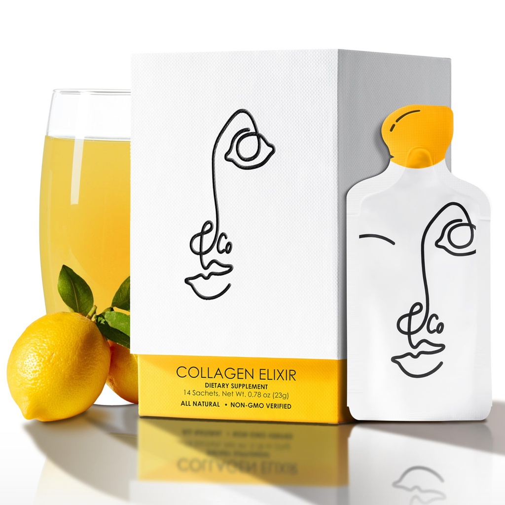 LEMON & CO. Kolagen płynny dla kobiet 124; Kolagen Mieszanka wodna z 5000mg Kolagenowe peptydy morskie, Cytryny organiczne i witaminy C 124; Dzienny eliksir dla skóry, paznokci, włosów, gut 124; Brak środków konserwujących, Brak cukru