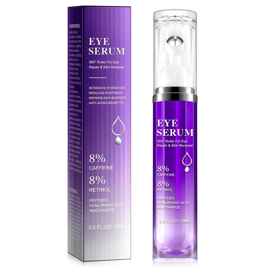Pod oczami Roller Serum - 8% Kofeina i 8% Retinol krem do oczu dla ciemnych kręgów, Pufthness i torby, Puffy Bags Fine Lines Zmarszczki, 360 ° Masaż Ball Cream, Hyaluronic Acid Serum dla mężczyzn i kobiet