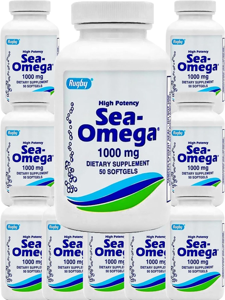 500 Softgels (10 butelek) Wysoka potencja Rugby 1000mg Natural Deep Sea Hicupsless Fish Oil Omega-3 Kwas tłuszczowy (EPA 300mg & DHA 200mg) dla mężczyzn i kobiet, Promotes Brain / Hair / Skin & Heart Health, Made in USA