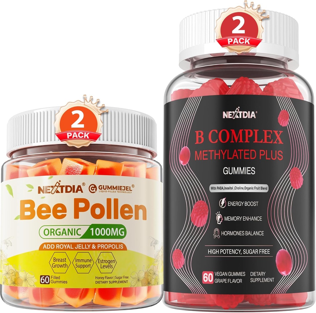 Pszczoła Pollen do wzrostu piersi Organiczny 1000mg + Wegan Super Methylled B Kompleks Gummies witaminy dla kobiet