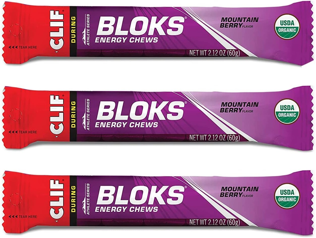 CLIF BLOKS - Przeżuwacze energii - Wisienka górska - Nie-GMO - Żywność roślinna - Szybkie paliwo do jazdy na rowerze i biegania - Przekąski do treningu (2.1 Pakiet unce, 3 Count)