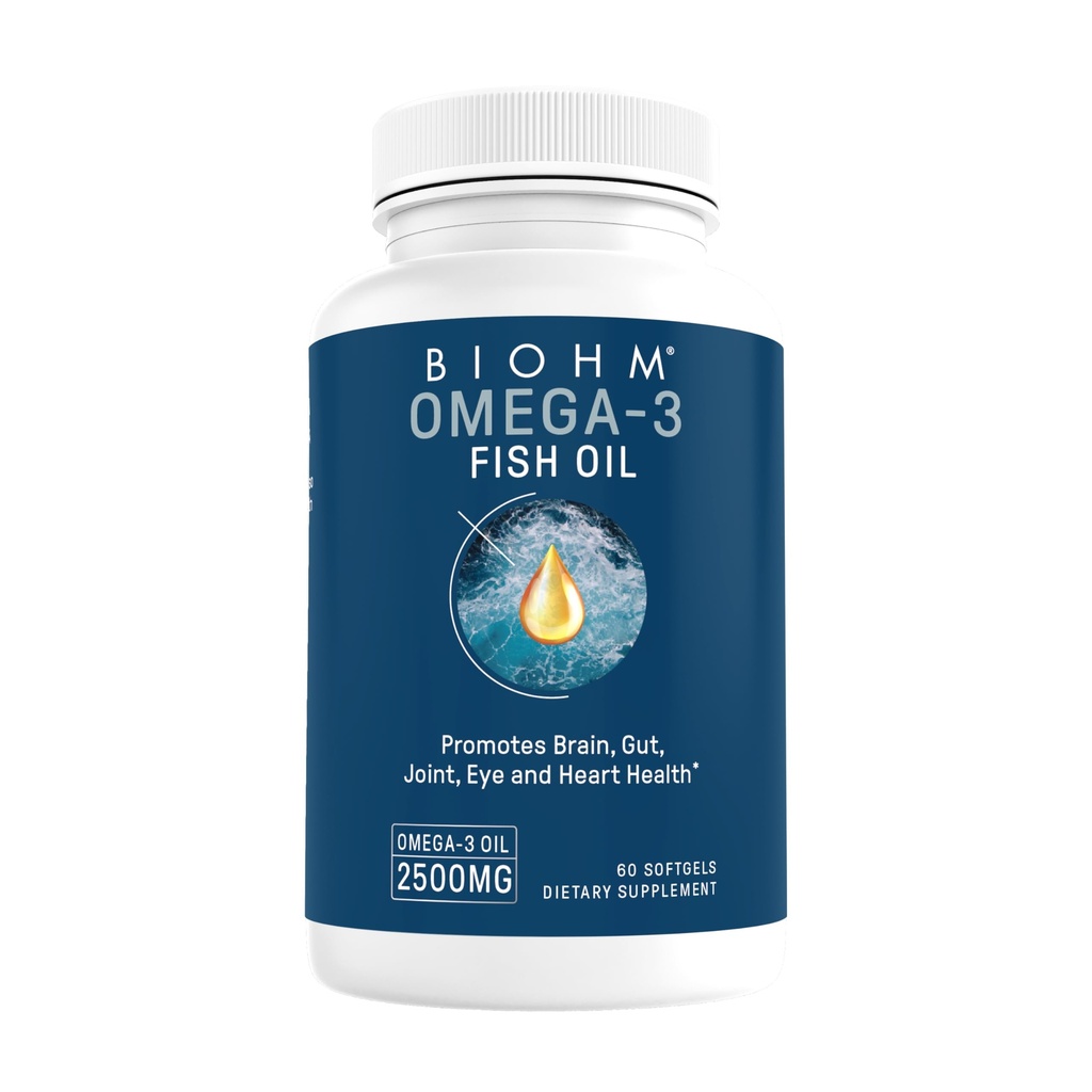 BIOHM Omega-3 Olej rybny (2500mg, 60 Softgels) Wysoka potencja 860mg EPA i 630mg DHA, Omega 3 Kwasy tłuszczowe Suplementy do wsparcia mózgu, Joint, Eye, Wątroba i Gut Zdrowie, zrównoważony zasolony