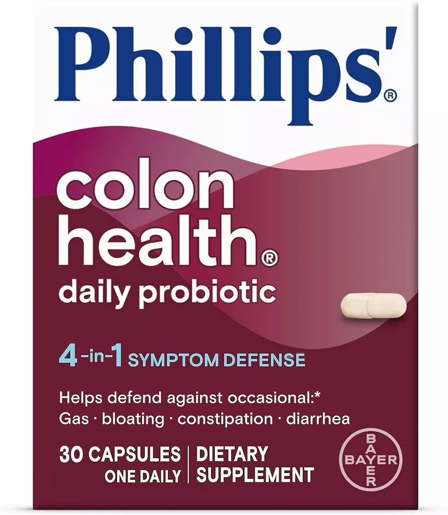 Phillips 'Colon Health Daily Probiotic Kapsułki, 4- in-1 Symptom Defense, aby pomóc w obronie przed gazem sporadycznym, Bloating, Zaparcia i Biegunka, Daily Supplement, 30 Count