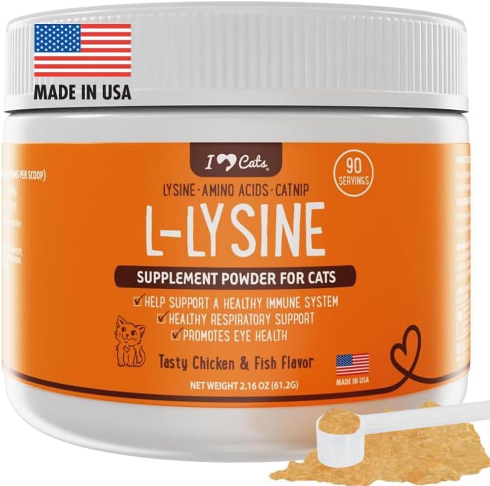 iHeartCats L- Lysine dla kotów - Suplement immunologiczny i oddechowy dla kotów - Kichanie kotów i uciekanie z nosa - L- Lizyna w proszku z kotem Nip - Kurczak & Łosoś Flavor