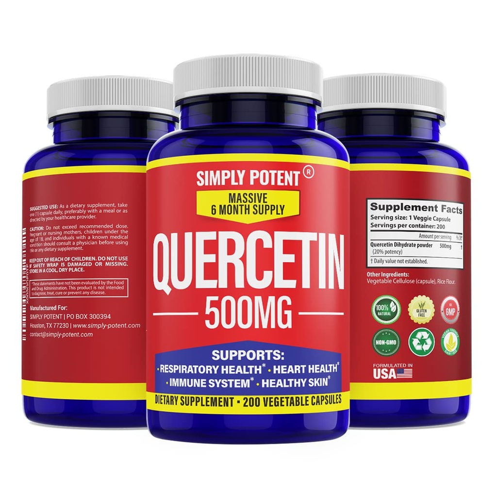 Po prostu potężne Quercetin Suplementy, Quercetin 500mg 200 Kapsułki, 2 X Quercetin 250mg Phytosome Bioflavonoid Antioksydant Vegan gluten Free Pills do wspierania zdrowego serca komórkowego i funkcje immunologiczne