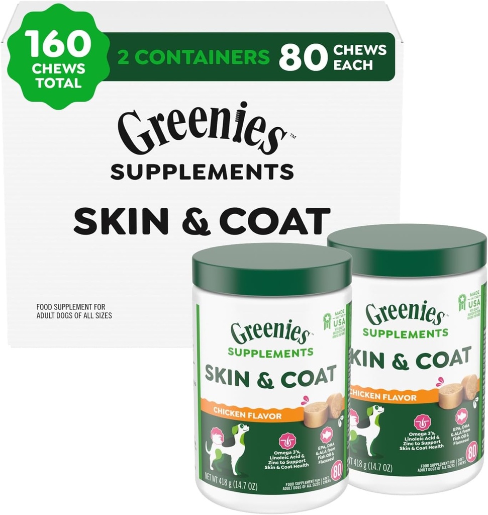 Greenies Suplementy skóry psa i Coat Suplementy z oleju rybnego & Omega 3 Kwasy tłuszczowe, Smak kurczaka, 80- Count Tub, Opakowanie z 2