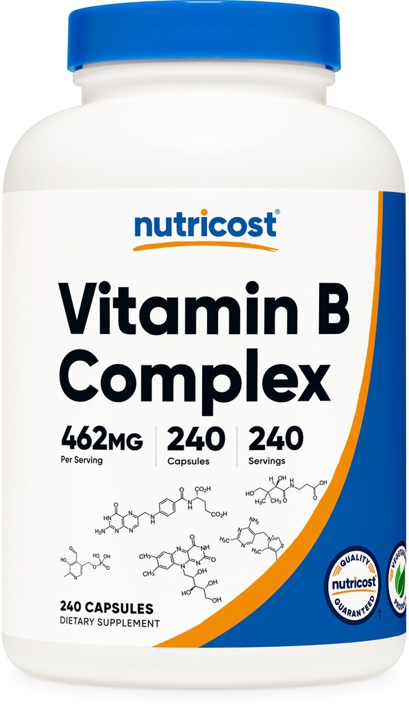 Nutricost witaminy B Complex 462mg, 240 Kapsułki - z witaminą C - Kompleks energetyczny