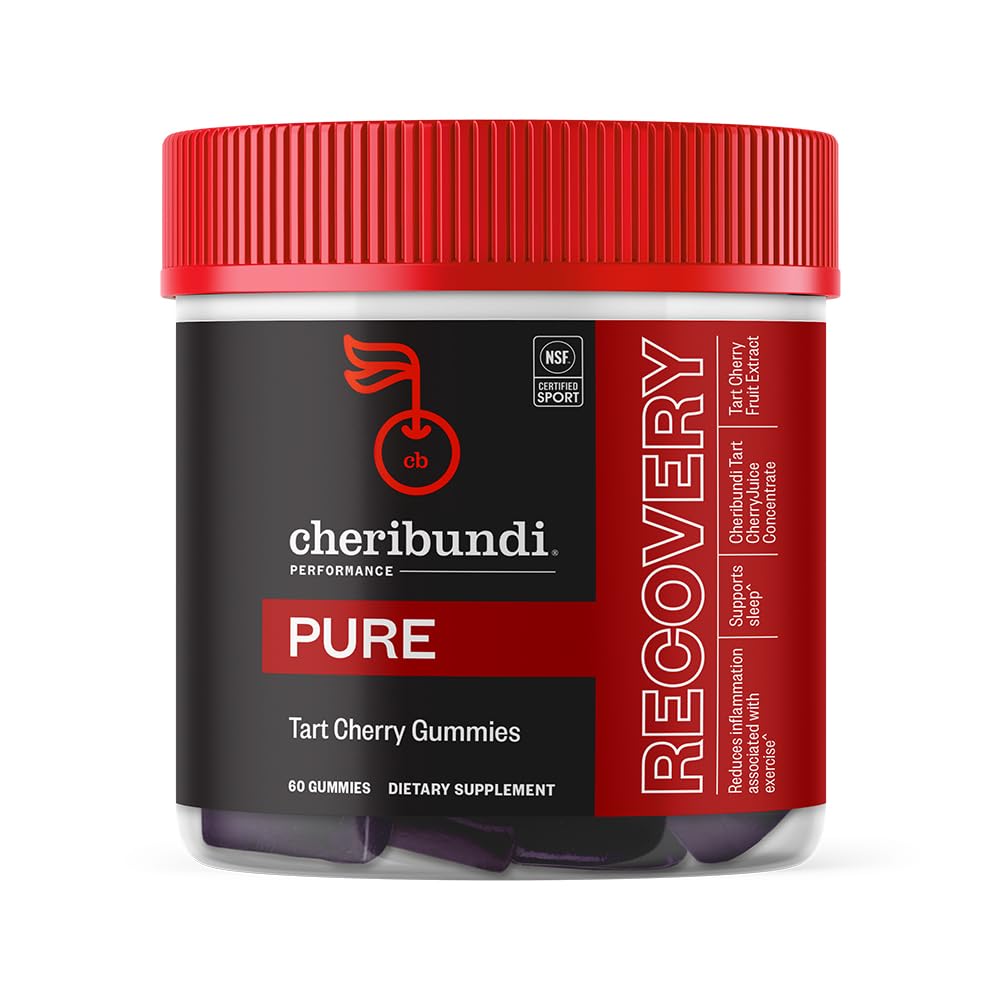 Cheribundi Tart Cherry Gummies Pure 124; Performance for Maximum Recovery with 25 Tart Wiśnie 124; Powerful Antioksydant Support, Non-GMO, Gluten- Free, Vegan Recovery 124; 20 Calories per Serving Recovery 124; 60 Count