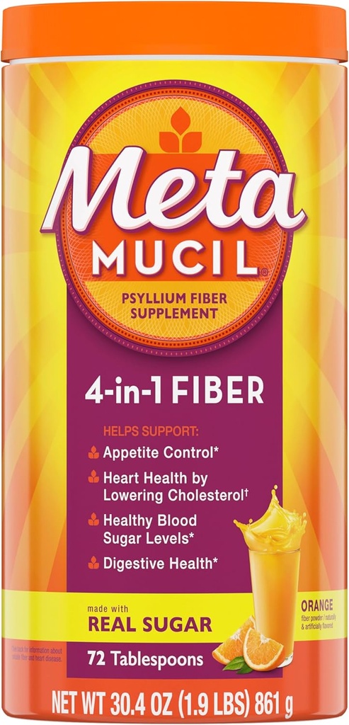 Metamucyl 4- in-1 Pzylium Fiber Suplement, Prawdziwy cukier, 72 łyżki stołowe, Pomarańczowy aromat, Codziennie Fiber Proszek do Żywienia, wykonane z Psylium Psylium Fiber