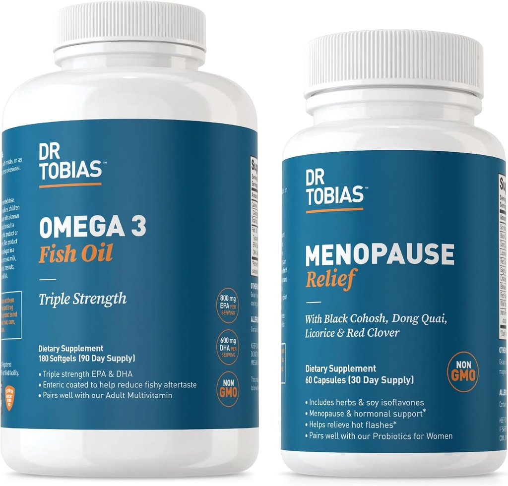 Dr. Tobias Omega 3 Olej rybny i menopauza Relief dla kobiet, Wsparcie endokrynologiczne z Esential Omega 3, Gorące błyski i nocne poty Suplementy, Non-GMO