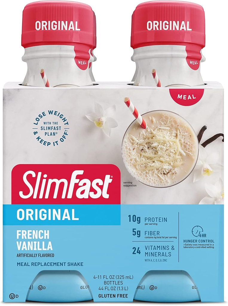 SlimFast Meal Replacement Shake, Original French Vanilla, 10g Gotowy do picia białka dla utraty wagi, 11 Fl. Oz Bottle, 4 Count (Packaging May Vary)