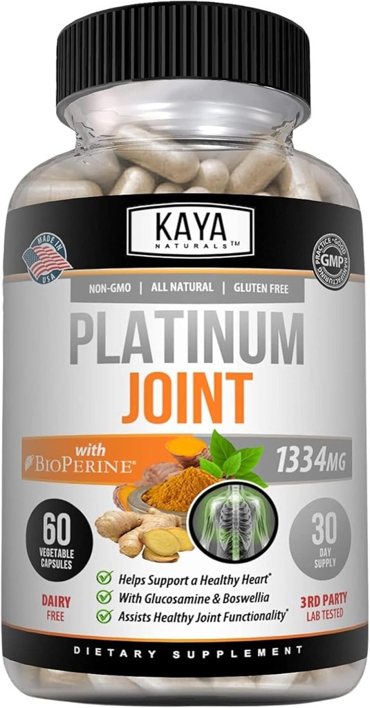 Kaya Naturals Platinum - Nature Made Bioperine, Glukozamina, Turmeric z Boswelii, Zdrowe właściwości przeciwutleniacze, Kurkumina Turmerowa 1334mg - 60 Kapsułki