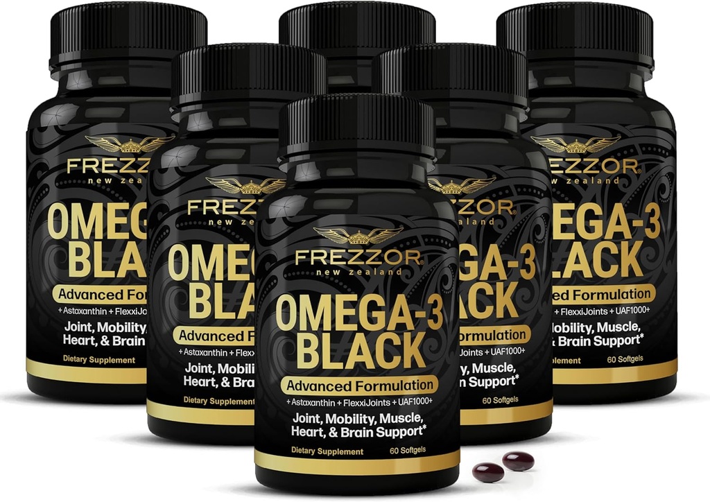 FREZZOR Omega 3 Black for Joint Care & Comfort - Nowa Zelandia Green Lipped Mussel Oil Kapsułki; 53x Wyższa moc z UAF1000 + Super Antioksydant, No Fishy Aftersmast, 450mg, 6- Pack, 360 Softgels