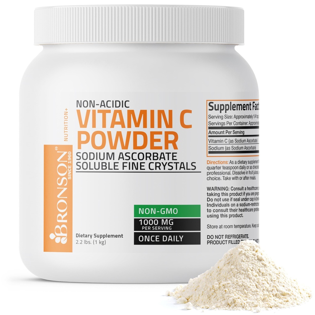 Bronson Witamina C Proszek Askorbinian sodu Nie GMO Rozpuszczalne cienkie kryształy - Zdrowy system immunologiczny, Przeciwutleniacz i ochrona komórek, 1 Kilogram (2.2 lbs, 35.3 Ounces)