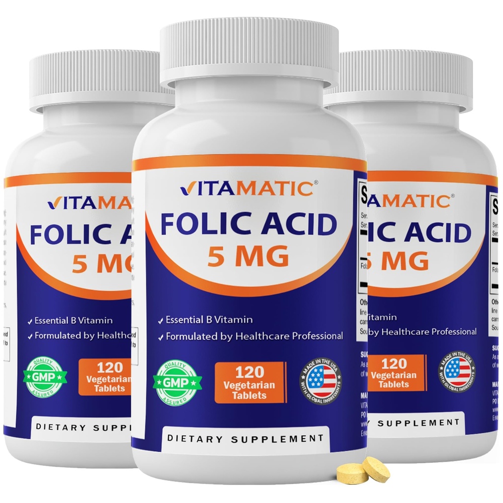 Vitamatic Folic Acid 5mg (5000 µg) - 120 Tabletki wegetariańskie na butelkę - Witamina B9 (Folate) - 3- Pack Acid 124; Razem 360 Tabletki