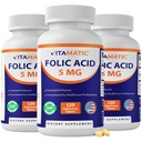 Vitamatic Folic Acid 5mg (5000 µg) - 120 Tabletki wegetariańskie na butelkę - Witamina B9 (Folate) - 3- Pack Acid 124; Razem 360 Tabletki