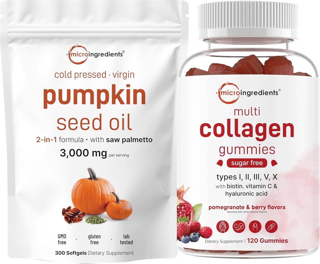 Micro Składniki Dynia Nasienie Olej z Saw Palmetto 3,000mg Softgels & Multi Collagen Peptide Gummies Between 124; 2 Pack 124; Cold Pressed Virgin Oil Agregable 124; Sugar Free + Biotin, Kwas hialuronowy, & witamina C Complex