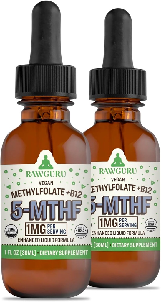 RawGuru Metylfolan 1 mg + Witamina B12 - Organiczny wegan Metylowany B12 z Minerałami śladowymi - Nano- Procesowany i ulepszony wzór cieczowy - 300 Podawanie kropli wegańskich na 30 ml, Opakowanie 2