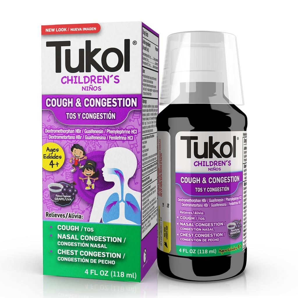 TUKOL Leki dla dzieci Kaszel - Kaszel & Odporność na przekrwienie, Kaszl Suppressant dla dzieci, Chłodna i Kasztanowa Medycyna, Syrop dla dzieci Kaszel dla lat 4 + Grape Flavor 4 FL OZ
