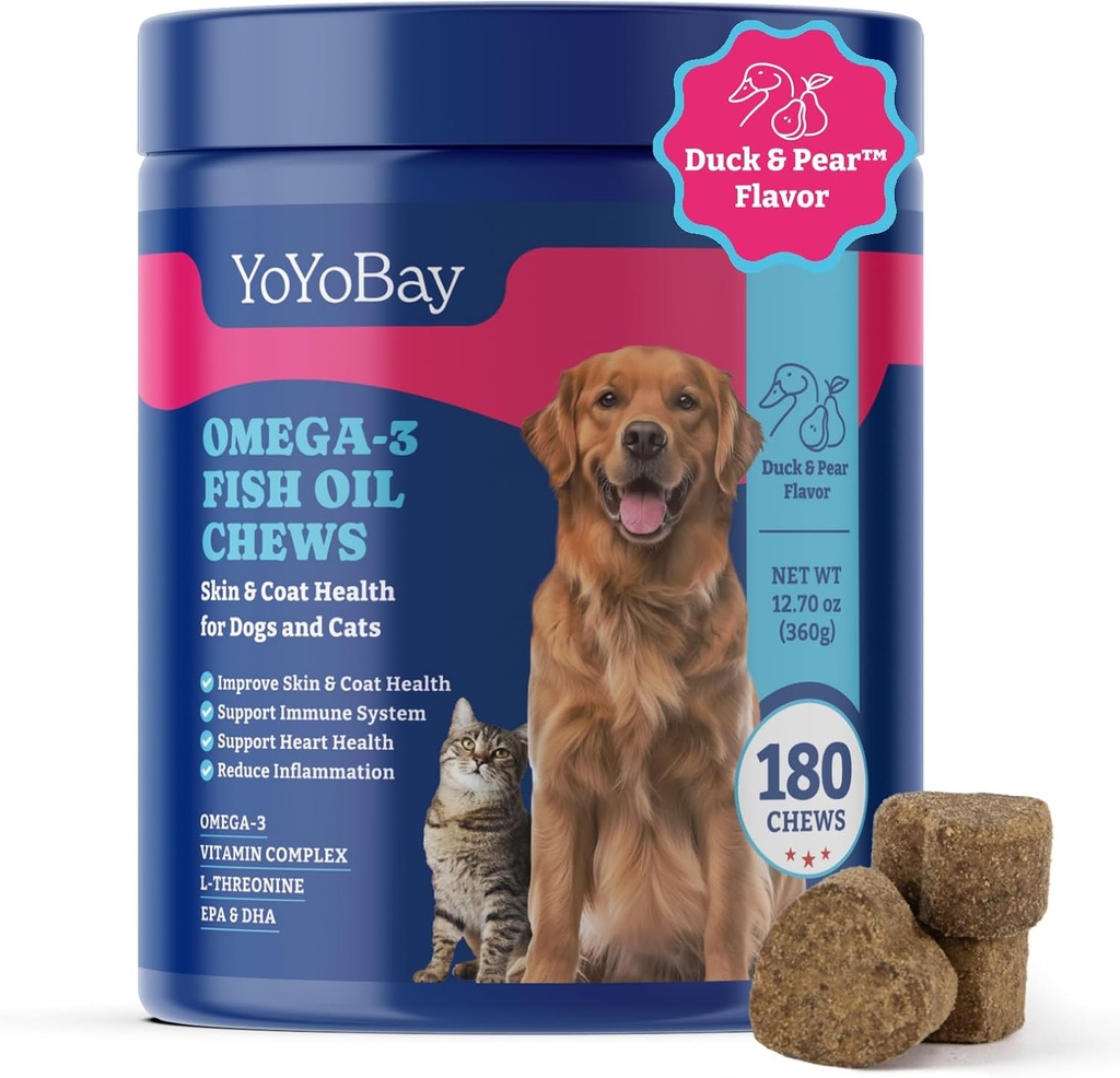 Ryby Żaby olejne dla psów i kotów, Omega 3 Olej rybny dla psów - bogaty w Omega 3, 6 i 9 z olejem lnianym, EPA & DHA - 180 Soft Chews, Duck & Gruar Flavor - Przeciwzapalne, Skóra & Coat Zdrowie