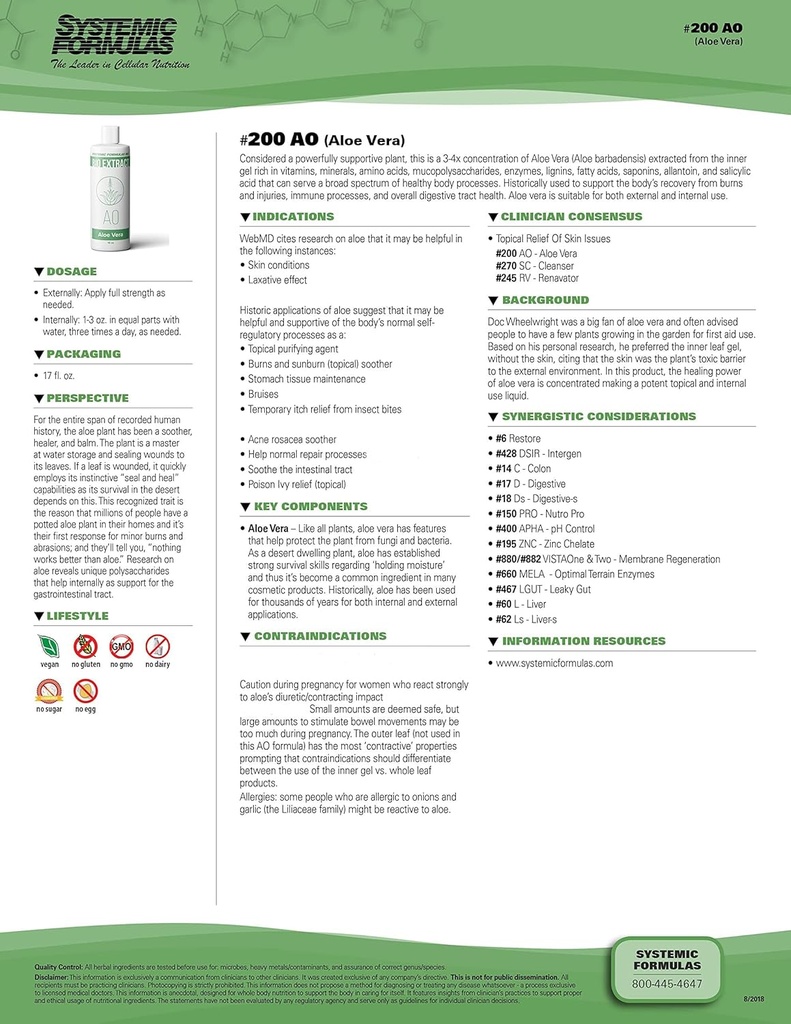 Parametry systemowe AO - Aloe Vera 16 Fl Oz BioExtract # 200. 3- 4x Koncentracja Aloe Vera Extract z wewnętrznego żelu Rich. do użytku wewnętrznego i zewnętrznego.