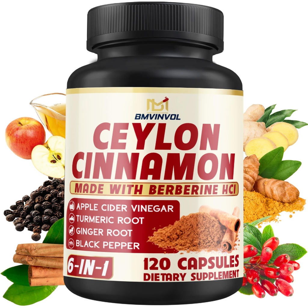 Ceylon Cynamon Kapsułki z Berberine HCl, Jabłko Cydr Ocet, Turmeric, Ginseng, Czarny pieprz - 6in1 dla wsparcia immunologicznego funkcji - 120 Count
