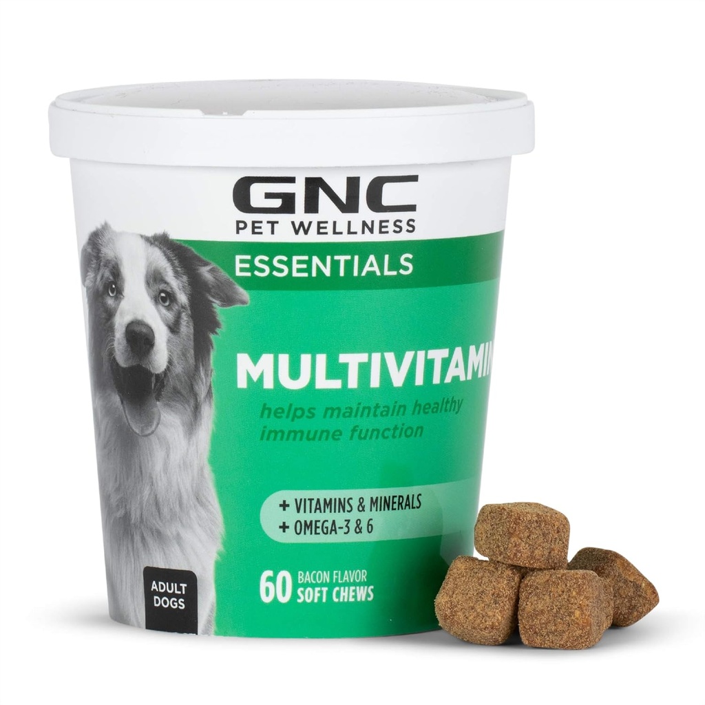 GNC Zwierzęta domowe Essentials Pies Multivitamin Miękkie Chews, Salmon Oil Dog Supplement in Bacon Flavor, Immune Booster i skóry i Coat Support Chewable z witamin i minerałów, 60 Count