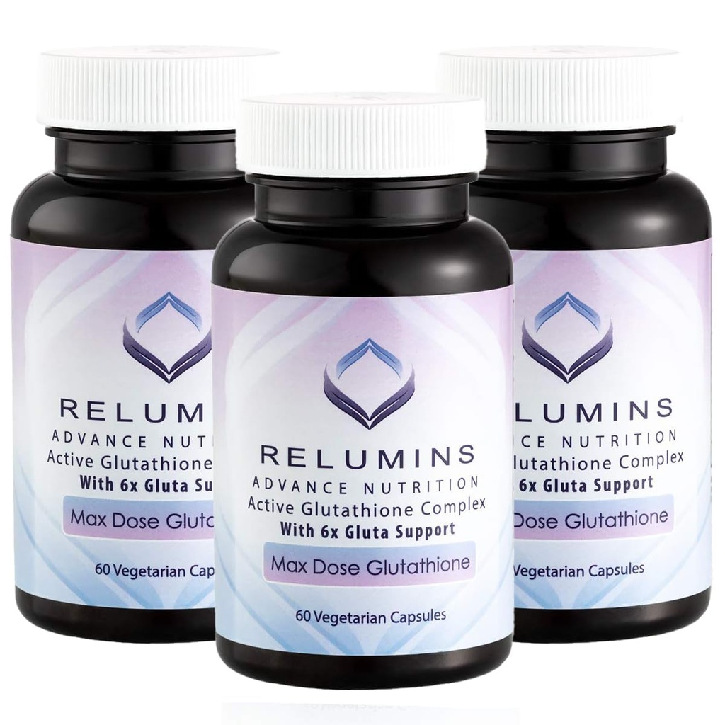 Relumins Advance White Active Glutathione Complex - Max Dose 900mg Glutathione with 6X Boosters, ALA & NAC - Anti-Aging Skin Brightening Supplement - 60 Caps x 3 Butelki