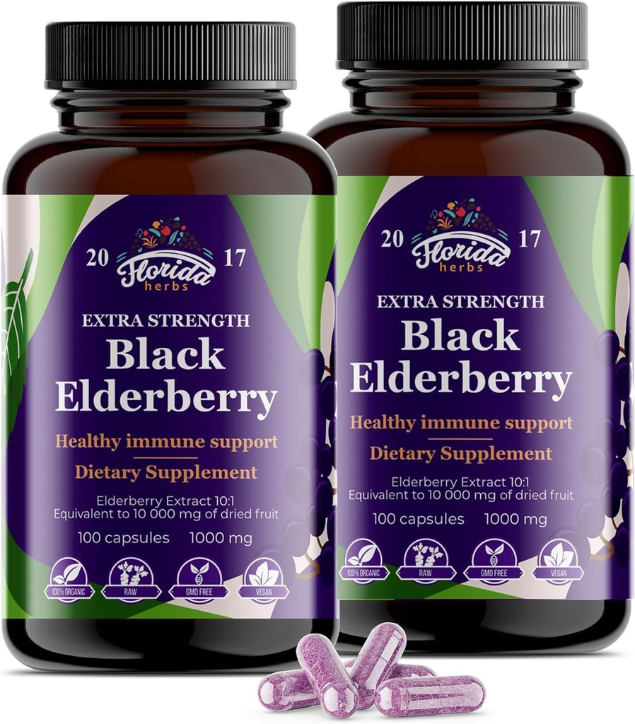 Black Elderberry Kapsułki 124; 200 Hrabia - 10,000 mg 124; Sambucus Elderberry Witaminy, Non- GMO, Gluten Free, Organic Elderberry Extract Sambucus Nigra - 200 Kapsułki wegańskie - Opakowanie 2