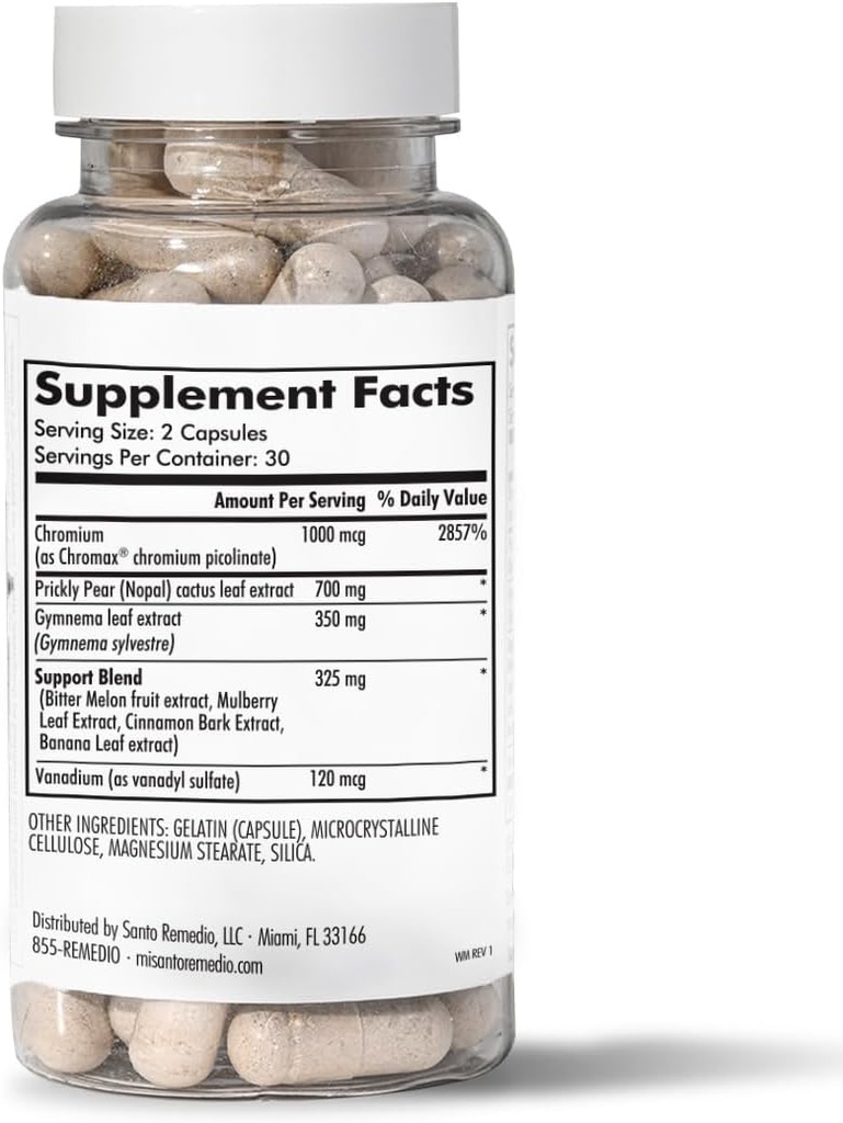Santo Remedio 's Exclusive Formuła z Nopal, Chrom Picolinate (Chromax), Gurmar (Gymnema Silvestre) i Vanadyl Siarczan. 60 Kapsułki (30 Sług)