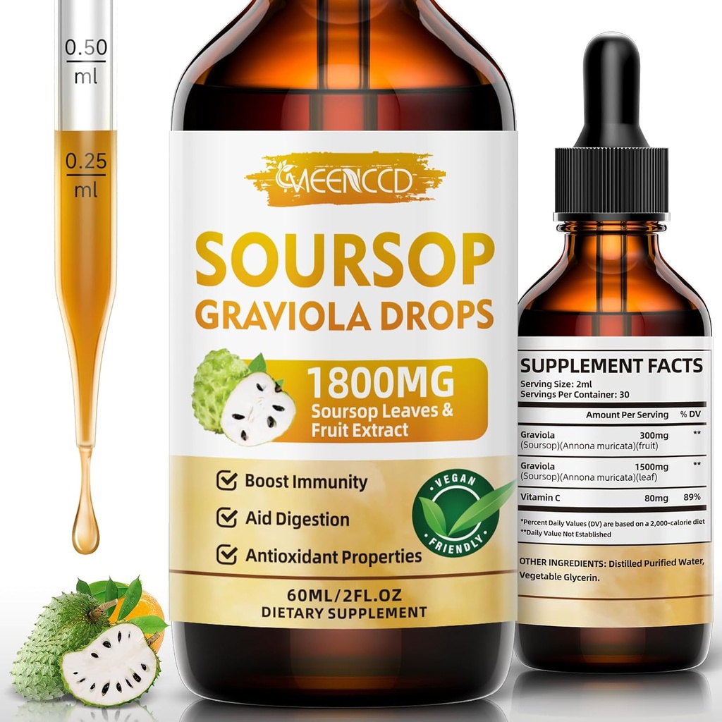 Soursop Graviola płynne krople 1800mg, Naturalny przeciwutleniacz, Wsparcie i Regeneracja komórek, Immune Boost, Soursop Bitters Liquid, Sugar- Free, Non-GMO, Wegan, Pomarańczowy Flavor, 2 FL OZ
