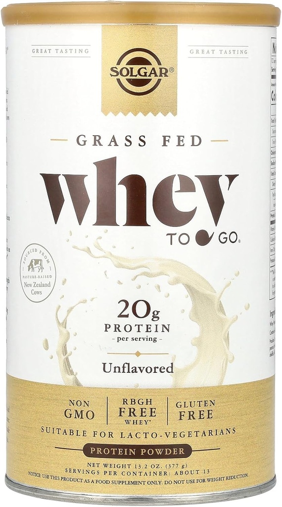 Solgar Grass Fed Serwatka do Go Protein Powder Unflavored, 11.2 oz - 20g Grass- Fed Protein z Nowej Zelandii Krowy - Great Tasting & Mixes Easy - Wspiera wytrzymałość i odzysk - Non-GMO, 13 Sługi