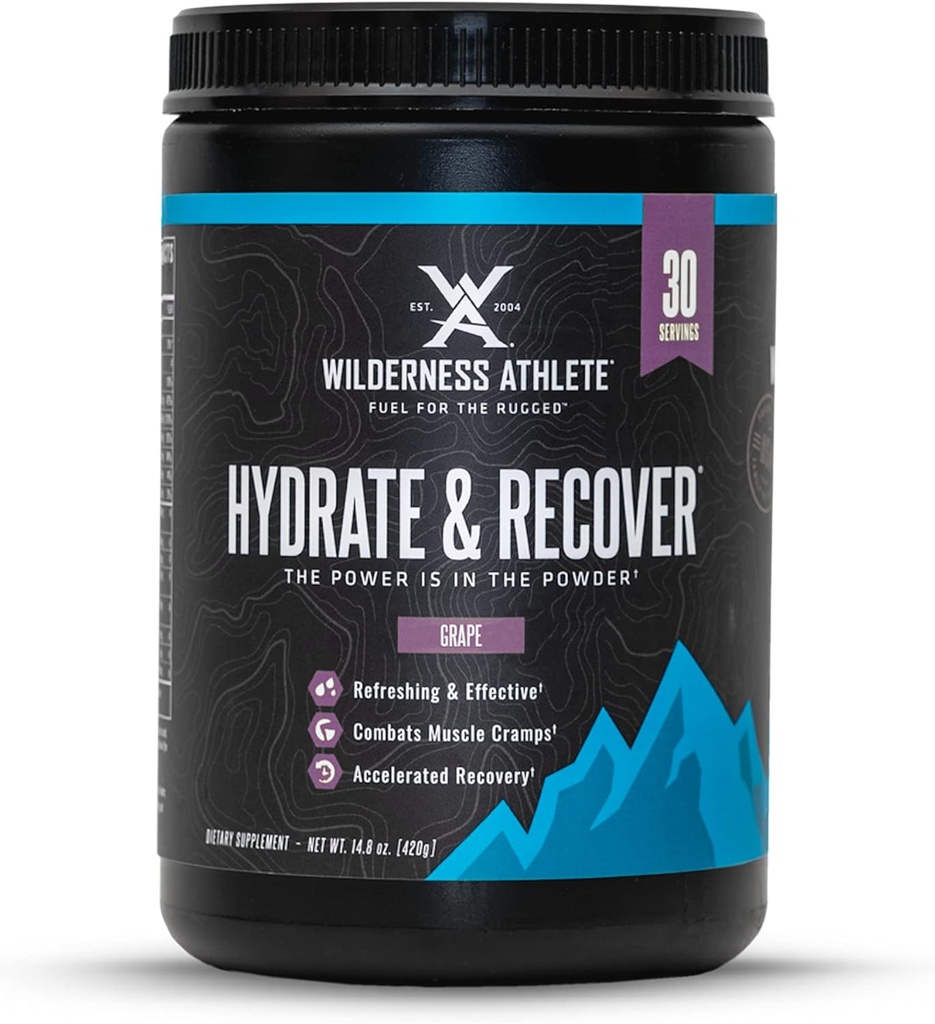 Wilderness Athlete - Hydrate & Recover Equipment 124; Płynny proszek do nawodnienia Drink Electrolyte - Recover Faster with Bcaas - Hydrate Powder with 1000mg of Witamina C - 30 Serving Tub (Grape)