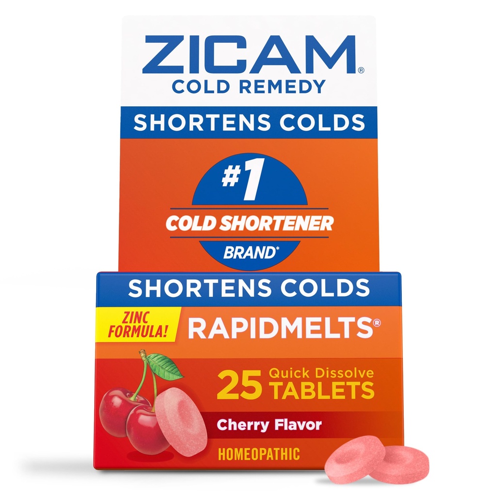 Zicam Cold Remedy Cynk Rapidmelts, Cherry Flavor, Homeopatyczne, Cold Shorting Medicine, Skróty zimnego czasu trwania, 25 Hrabia