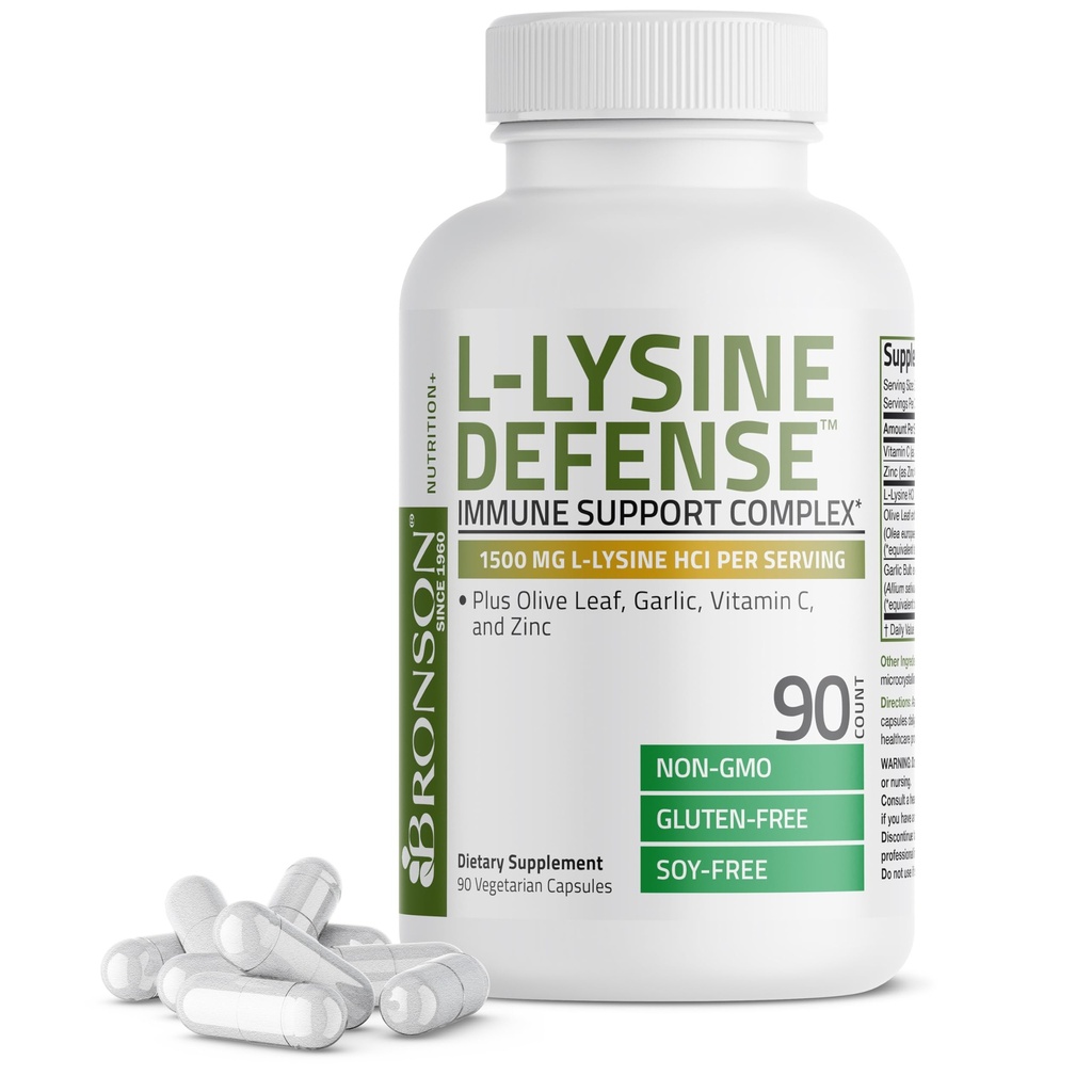 Bronson L- Lysine Defense Immune Support Complex 1500 MG L- Lysine Plus Olive Leaf, Czosnek, Witamina C i Cynk - Non-GMO, 90 Kapsułki wegetariańskie