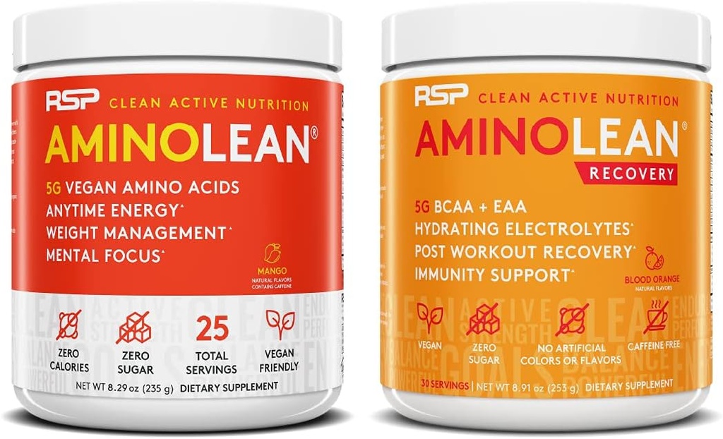 RSP NUTRITION Vegan AminoLean Pre Workout Energy (Mango 25 Servings) z AminoLean Recovery Post Workout Boost (Blood Orange 30 Servings)