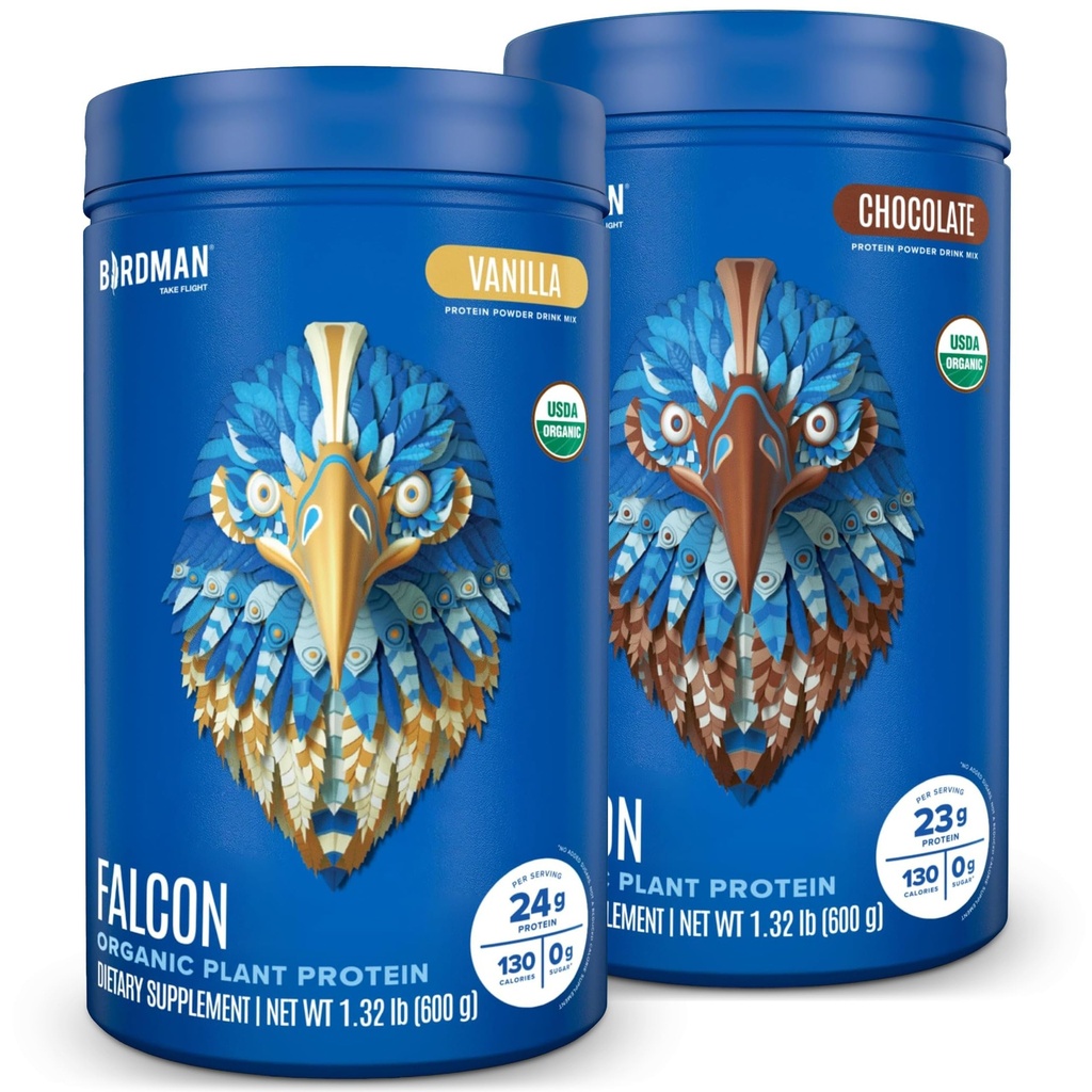 BIRDMAN Falcon Vegan proszku protein Organic, Stewia & Cukier wolny, Roślina oparta, Niskie węglowodory, Dairy Free, Keto, Non Whey, Probiotic, Pea Protein 124; Combo Pack: Vanilla & Czekoladowy Flavors - 20 Służenia Każdy
