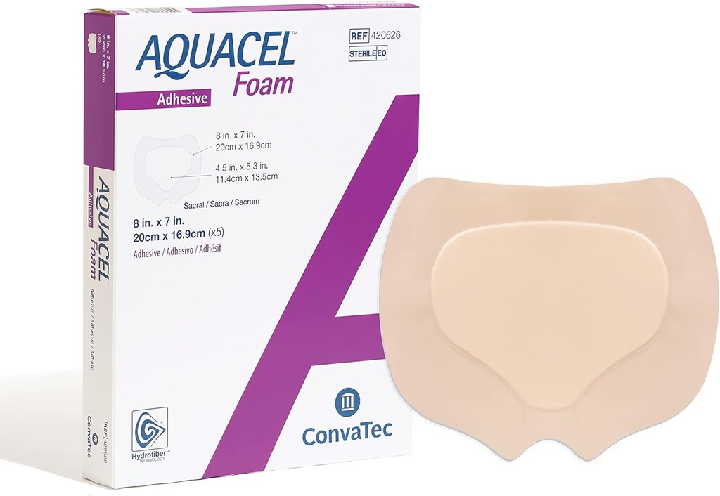 ConvaTec AQUACEL Foam 8 "x7" Opatrunek sakralny z klejem silikonowym żel, wodoodporny, elastyczny, stopień medyczny z technologii hydrofiber, sterylny, prostokąt, 5ct box
