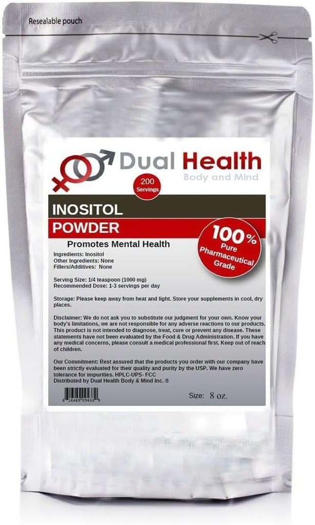 Dual Health Body & Mind Inositol Proszek (8 oz) Czysta witamina B8 Antyutleniacze luzem Suplementy 1000mg na jedną porcję